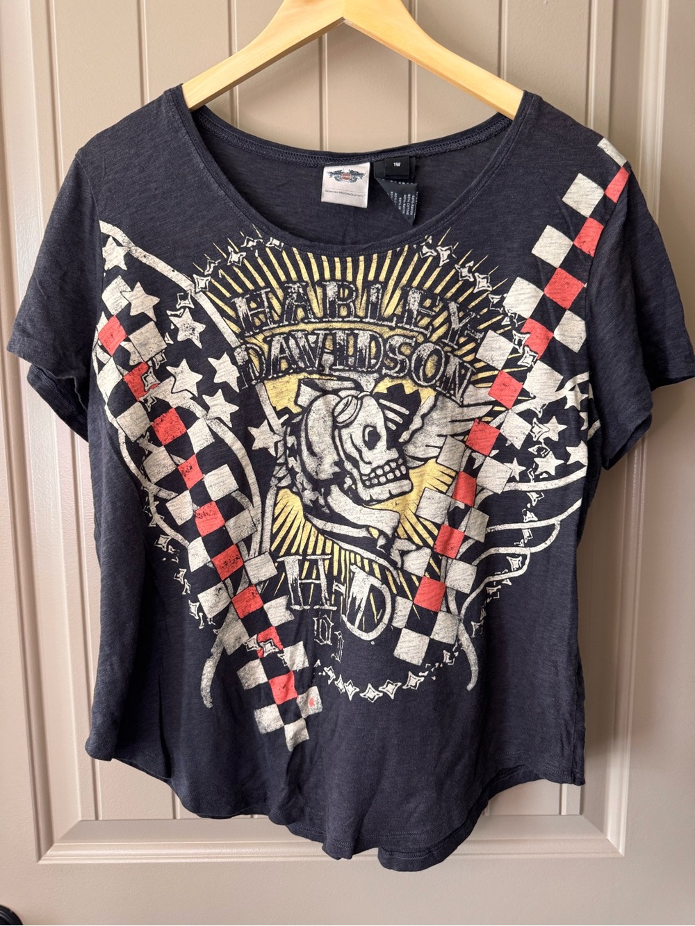 Harley-Davidson Women’s Graphic Tee with Red & White Check Flags